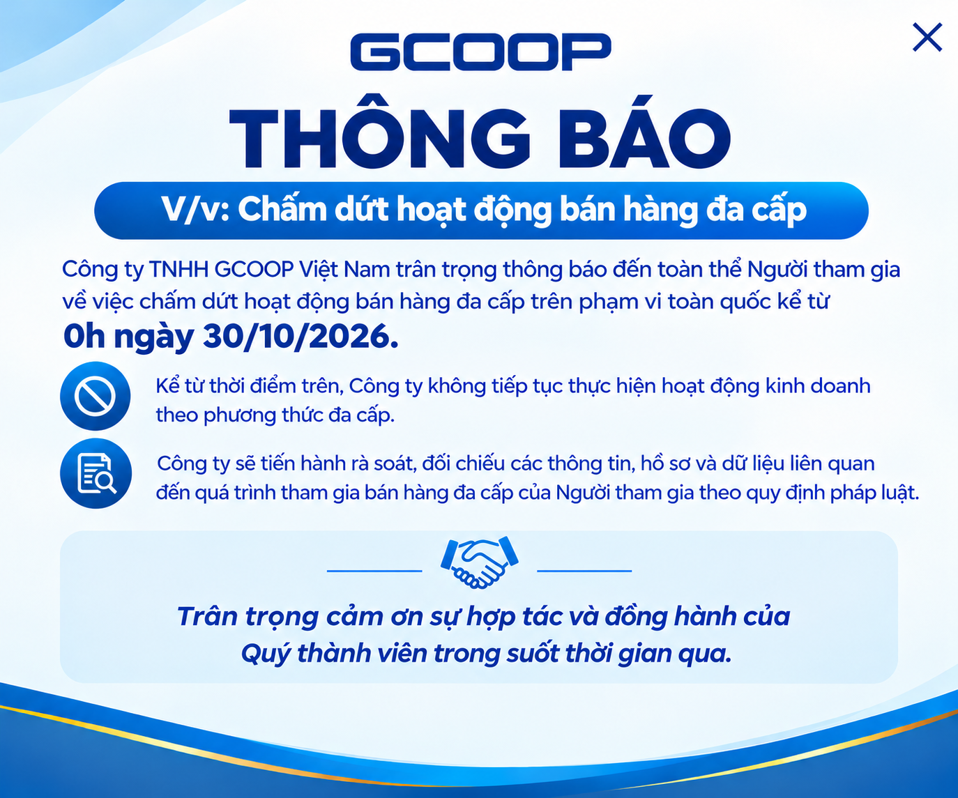 Thông báo chấm dứt hoạt động bán hàng đa cấp